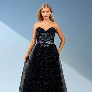 NFS Strapless A-Line Formal Gown w/Boned Bodice & Rhinestones Embroidery JT2641G